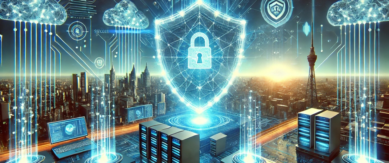 Futuristic SiteSafe banner with a bold 'SiteSafe' title and glowing digital security elements like shields and firewalls. The image highlights the key benefits of the service, including website protection, regular backups, malware scanning, 24/7 security monitoring, and optimized performance, set against a clear blue sky and a secure, high-tech city backdrop