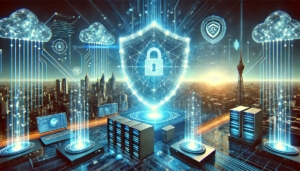 Futuristic SiteSafe banner with a bold 'SiteSafe' title and glowing digital security elements like shields and firewalls. The image highlights the key benefits of the service, including website protection, regular backups, malware scanning, 24/7 security monitoring, and optimized performance, set against a clear blue sky and a secure, high-tech city backdrop