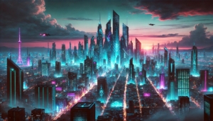 Futuristic dystopian cityscape banner representing Featherstone Media's FAQ section, with neon-lit skyscrapers and a cyberpunk atmosphere.
