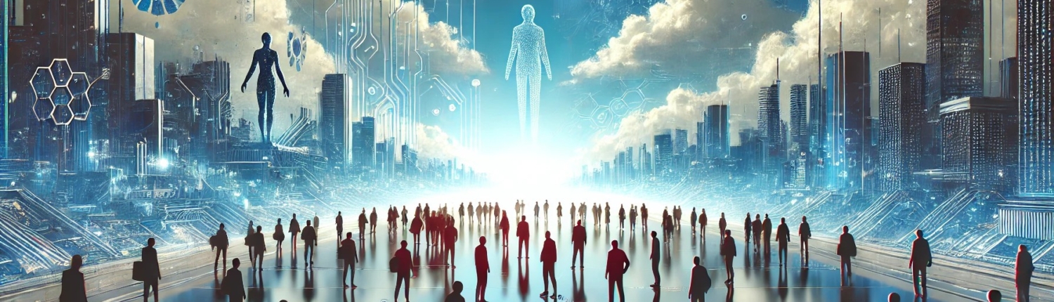 A futuristic cityscape featuring sleek, illuminated skyscrapers under a vibrant blue sky, with hints of advanced technology like digital holograms and hovering vehicles. The scene conveys innovation and modernity, aligning with Featherstone Media's focus on cutting-edge website development and SEO strategies.