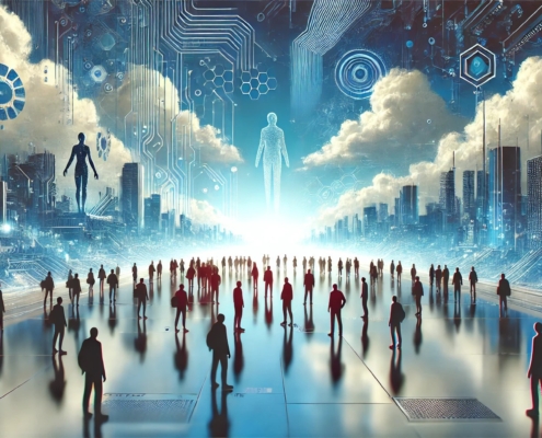 A futuristic cityscape featuring sleek, illuminated skyscrapers under a vibrant blue sky, with hints of advanced technology like digital holograms and hovering vehicles. The scene conveys innovation and modernity, aligning with Featherstone Media's focus on cutting-edge website development and SEO strategies.