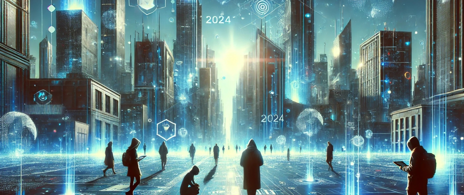 Futuristic dystopian cityscape with a bright blue sky, glowing algorithmic patterns, and anonymous futuristic people walking through a high-tech environment, representing SEO trends for 2024