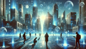Futuristic dystopian cityscape with a bright blue sky, glowing algorithmic patterns, and anonymous futuristic people walking through a high-tech environment, representing SEO trends for 2024