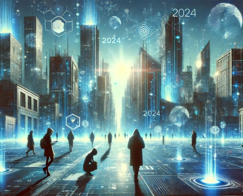 Futuristic dystopian cityscape with a bright blue sky, glowing algorithmic patterns, and anonymous futuristic people walking through a high-tech environment, representing SEO trends for 2024