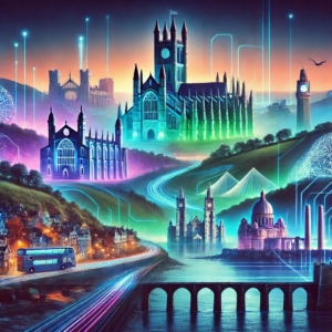 A futuristic dystopian digital artwork combining iconic landmarks from Surrey, East Sussex, and Kent. The image features Guildford Cathedral, the Surrey Hills, Beachy Head, the Seven Sisters cliffs, Canterbury Cathedral, the White Cliffs of Dover, and Leeds Castle, seamlessly blended into a cyberpunk-inspired landscape. Neon-lit trees, glowing pathways, and holographic networks intertwine with rolling hills and coastal views, symbolizing the fusion of natural beauty and advanced technology.