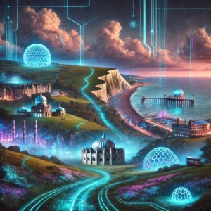 A futuristic dystopian landscape of East Sussex, featuring iconic landmarks like Beachy Head, the Royal Pavilion in Brighton, and the Seven Sisters cliffs. The scene blends natural beauty with advanced technology, incorporating neon-lit landscapes, glowing pathways, and holographic networks. Cyberpunk-style lighting and floating digital elements contrast with the historic and coastal scenery, symbolizing the fusion of tradition and innovation.