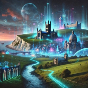 A futuristic dystopian landscape of Kent, featuring iconic landmarks like Canterbury Cathedral, the White Cliffs of Dover, and Leeds Castle. The scene merges natural beauty with advanced technology, incorporating neon-lit landscapes, glowing pathways, and holographic networks. Cyberpunk-style lighting and floating digital elements contrast with the historic and coastal scenery, symbolizing the fusion of tradition and innovation.