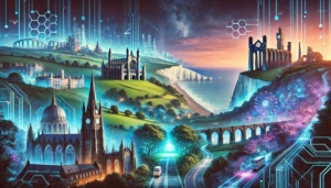 A futuristic dystopian digital banner featuring iconic landmarks from Surrey, East Sussex, and Kent. The scene blends Guildford Cathedral, the Surrey Hills, Beachy Head, the Seven Sisters cliffs, Canterbury Cathedral, the White Cliffs of Dover, and Leeds Castle into a seamless cyberpunk-inspired landscape. Neon-lit trees, glowing pathways, and holographic networks intertwine with rolling hills and coastal views, symbolizing the fusion of natural beauty and advanced technology.