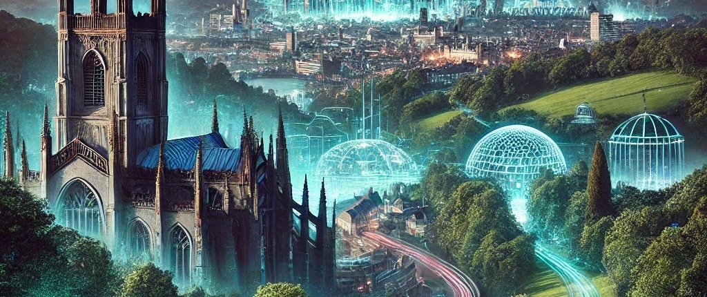 A futuristic dystopian vision of Surrey, featuring iconic landmarks like Guildford Cathedral and the Surrey Hills, seamlessly blended with neon-lit trees, glowing pathways, and holographic networks. The landscape combines natural beauty with advanced technology, including floating data streams and cyberpunk-style lighting, symbolizing the fusion of innovation and tradition.