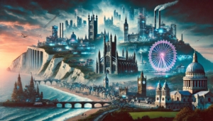 A wide futuristic dystopian digital banner merging Surrey, Kent, East Sussex, West Sussex, and London. It features landmarks like Guildford Cathedral, the Surrey Hills, Canterbury Cathedral, the White Cliffs of Dover, Brighton Pier, Arundel Castle, Chichester Cathedral, Big Ben, Tower Bridge, and the London Eye. The landscape blends rolling countryside, coastal cliffs, and a neon-lit cyberpunk cityscape under a glowing, ethereal sky.