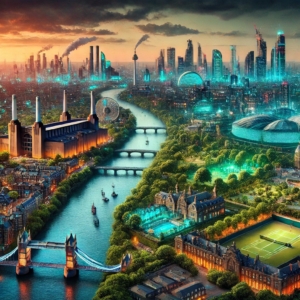 A futuristic dystopian digital artwork merging Central, North, and East London, featuring the London Eye, Buckingham Palace, Alexandra Palace, Emirates Stadium, Canary Wharf, and the O2 Arena. The River Thames flows through a neon-lit cyberpunk cityscape, blending historic, modern, and futuristic architecture under a dramatic, ethereal sky.