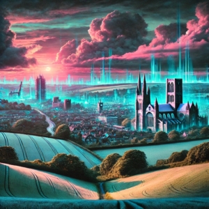 A futuristic dystopian digital artwork of West Sussex, featuring Chichester Cathedral, Arundel Castle, and the South Downs. The landscape blends rolling countryside with a neon-lit, cyberpunk-inspired skyline, creating a contrast between nature and technology under an ethereal, dramatic sky.