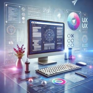 A futuristic workspace showcasing website design and development, featuring a sleek computer screen displaying a website layout, surrounded by UI/UX elements, coding symbols, and responsive design icons. The image represents professional, mobile-optimized, and user-friendly web development services.