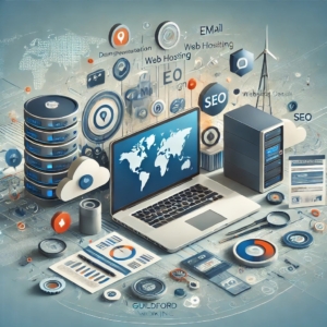 A modern digital services concept featuring a laptop displaying a website, a server stack, and abstract technology elements representing domain registration, web hosting, email management, website design, SEO, and security. The background subtly includes a map highlighting Guildford, Woking, and surrounding areas.