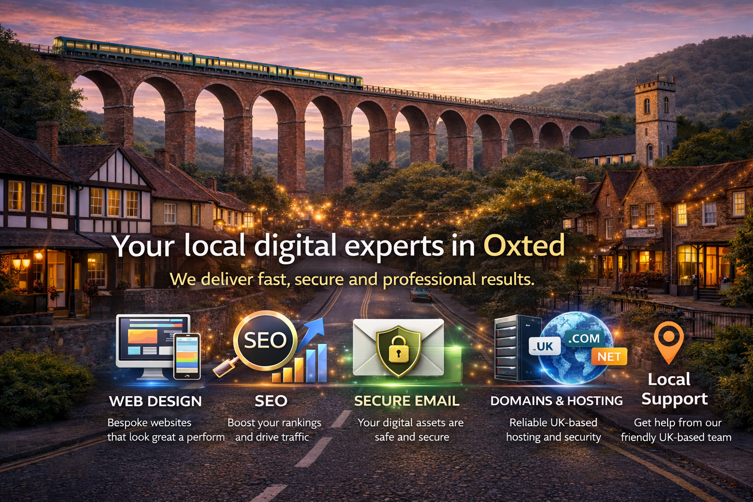 Hero banner showing Oxted Railway Viaduct and Old Oxted High Street with icons for web design, SEO, secure email, and hosting services